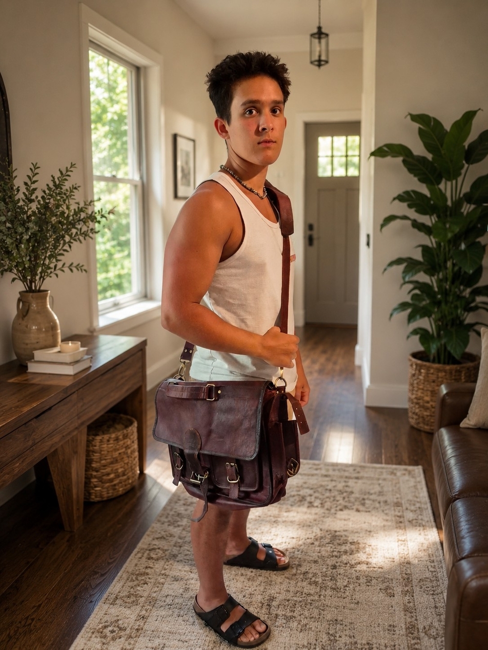 NWOT-Mens Brown Leather Messenger Bag - Classic Crossbody Satchel
